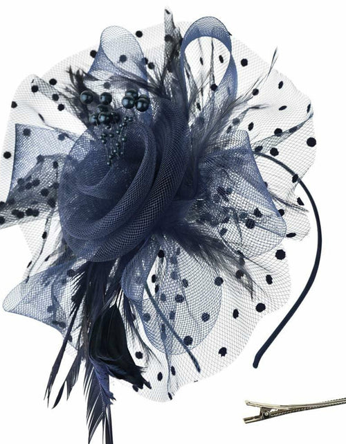 Load image into Gallery viewer, SHUERIET Women Feather Veil Floral Headband Hat Navy
