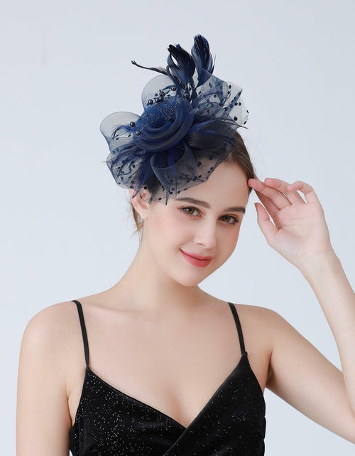 Load image into Gallery viewer, SHUERIET Women Feather Veil Floral Headband Hat Navy
