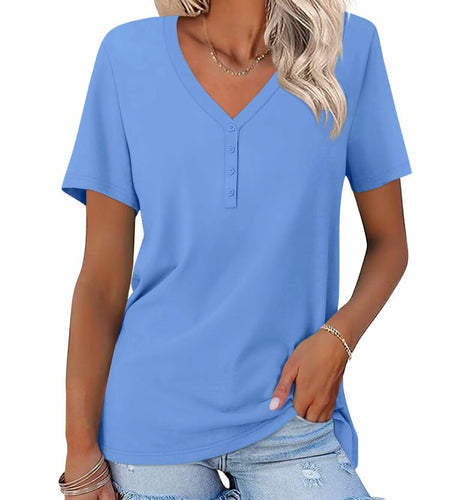 TICTICMISS Women's V Neck Short Sleeve Casual Summer Tee B-Blue