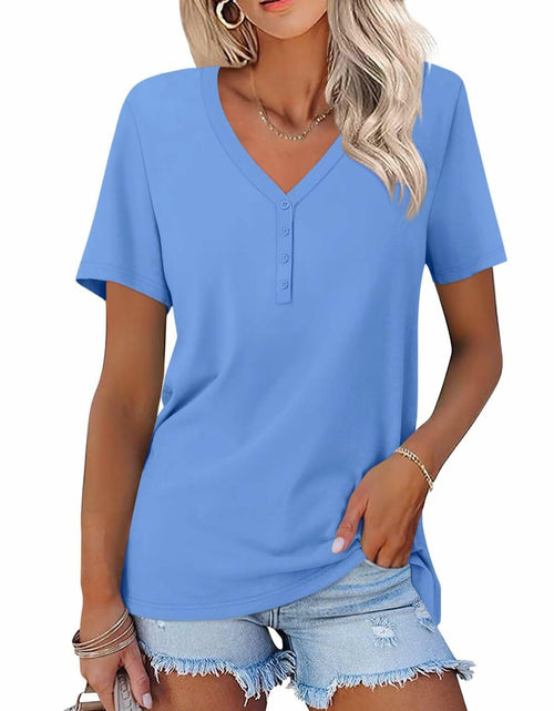 Load image into Gallery viewer, TICTICMISS Women's V Neck Short Sleeve Casual Summer Tee B-Blue
