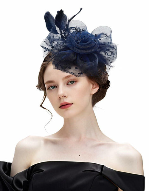 Load image into Gallery viewer, SHUERIET Women Feather Veil Floral Headband Hat Navy

