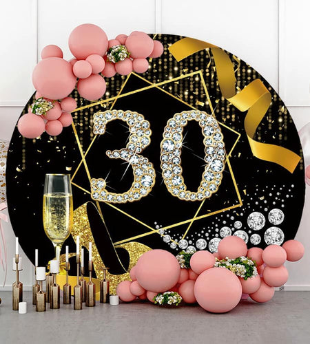 Baocicco 7.5ft 30th Birthday Round Backdrop Black Gold Glitter Ribbon
