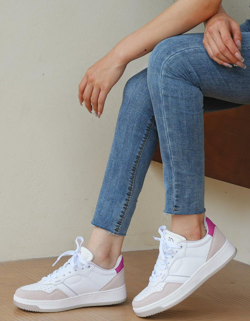Load image into Gallery viewer, JABASIC Women Leather Platform Sneakers Lace-Up White/Sky Blue Size 7
