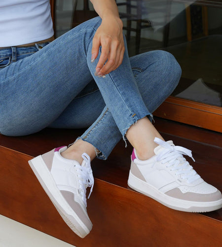 JABASIC Women Leather Platform Sneakers Lace-Up White/Sky Blue Size 7