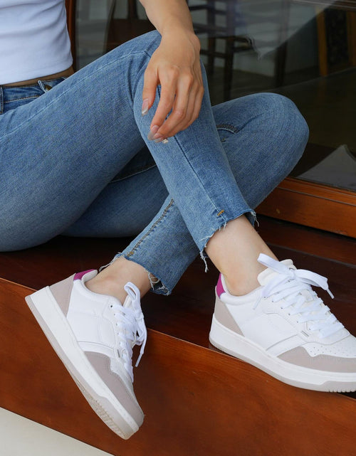 Load image into Gallery viewer, JABASIC Women Leather Platform Sneakers Lace-Up White/Sky Blue Size 7
