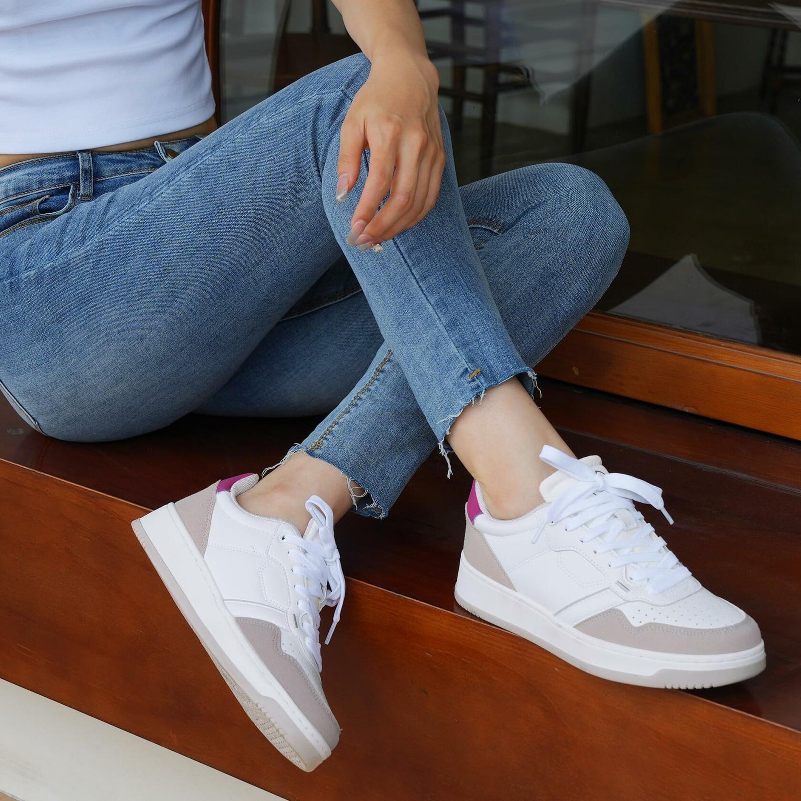 JABASIC Women Leather Platform Sneakers Lace-Up White/Sky Blue Size 7