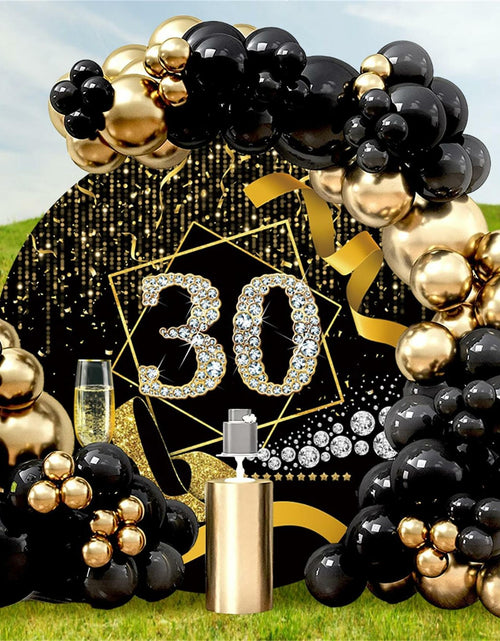 Load image into Gallery viewer, Baocicco 7.5ft 30th Birthday Round Backdrop Black Gold Glitter Ribbon
