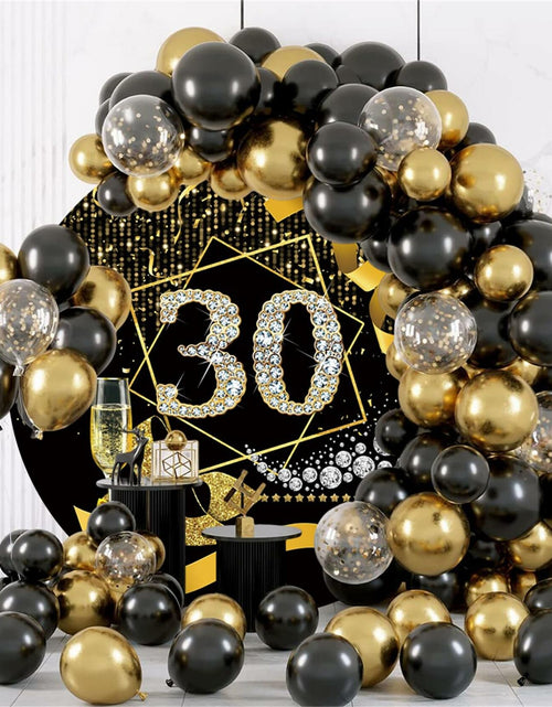 Load image into Gallery viewer, Baocicco 7.5ft 30th Birthday Round Backdrop Black Gold Glitter Ribbon
