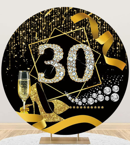 Baocicco 7.5ft 30th Birthday Round Backdrop Black Gold Glitter Ribbon