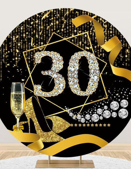 Load image into Gallery viewer, Baocicco 7.5ft 30th Birthday Round Backdrop Black Gold Glitter Ribbon
