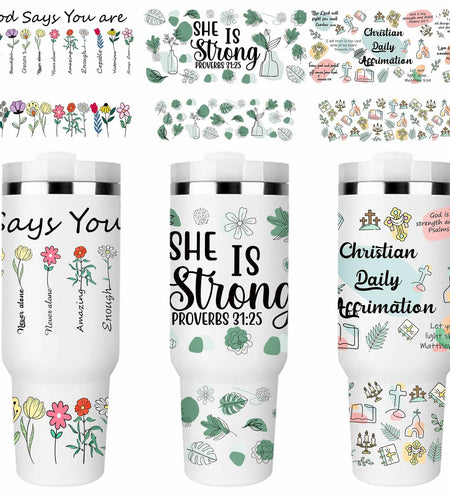 UV DTF Cup Wrap Transfer 6 Sheets Bible Verse Floral Waterproof 40oz Tumbler