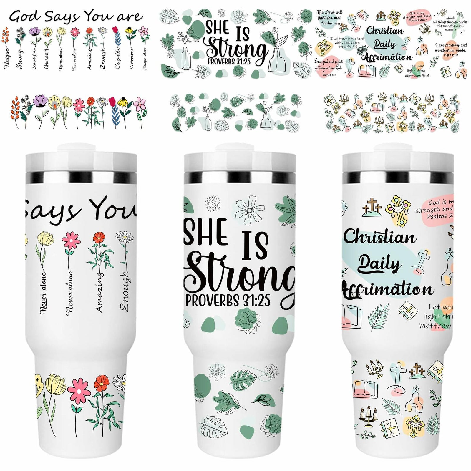 UV DTF Cup Wrap Transfer 6 Sheets Bible Verse Floral Waterproof 40oz Tumbler