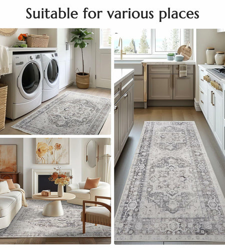jinchan Area Rug 4x6 Washable Vintage Floral Non Slip Indoor Greige