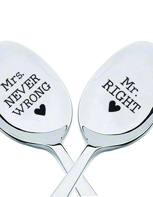 Load image into Gallery viewer, Mr Right &amp; Mrs Never Wrong Stainless Steel Coffee Tea Spoons 7in Set
