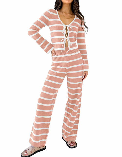 Load image into Gallery viewer, Tankaneo Womens Tie Front Striped Knit Lounge Set Pink Size S
