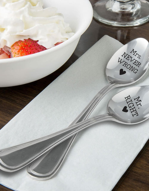 Load image into Gallery viewer, Mr Right &amp; Mrs Never Wrong Stainless Steel Coffee Tea Spoons 7in Set
