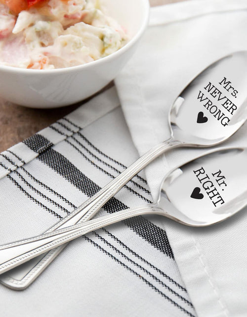 Load image into Gallery viewer, Mr Right &amp; Mrs Never Wrong Stainless Steel Coffee Tea Spoons 7in Set
