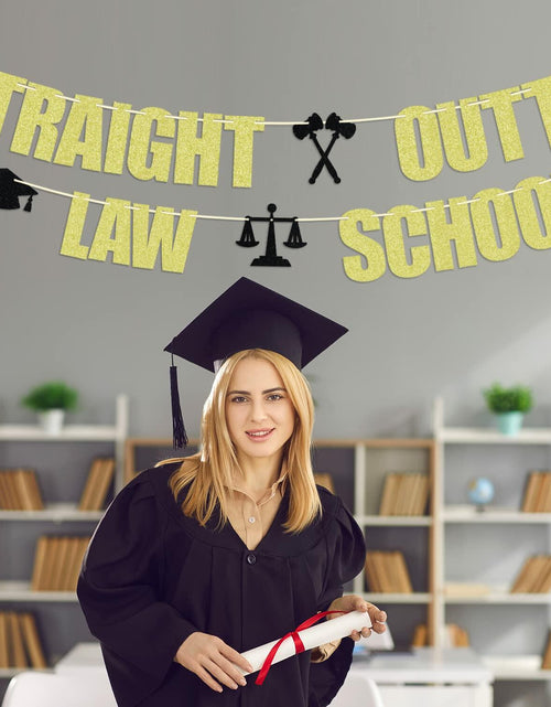 Load image into Gallery viewer, Straight Outta Law School Banner Graduation 2025 Glittery Congrats Lawyer
