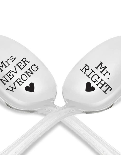 Load image into Gallery viewer, Mr Right &amp; Mrs Never Wrong Stainless Steel Coffee Tea Spoons 7in Set
