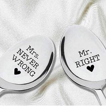 Load image into Gallery viewer, Mr Right &amp; Mrs Never Wrong Stainless Steel Coffee Tea Spoons 7in Set
