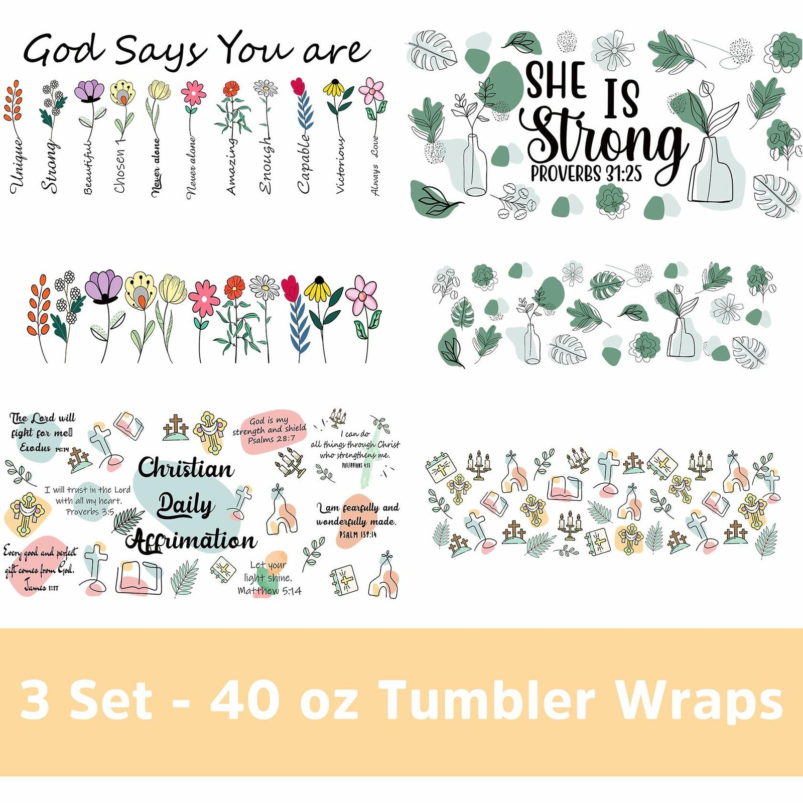 UV DTF Cup Wrap Transfer 6 Sheets Bible Verse Floral Waterproof 40oz Tumbler