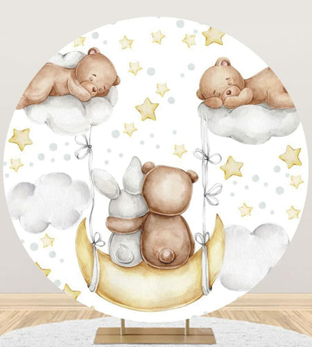 Baocicco 6ft Cartoon Bear Rabbit Round Backdrop White Clouds Watercolor