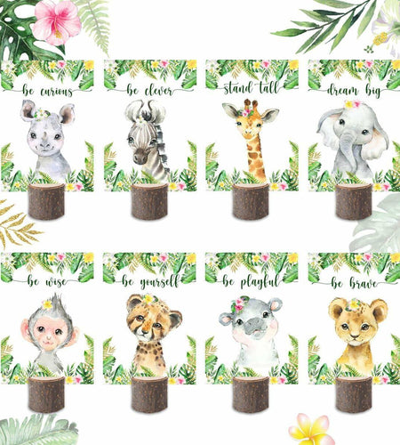 16Pcs Pink Jungle Safari Baby Shower Centerpieces with Wooden Stands