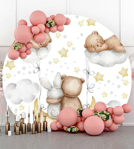 Baocicco 6ft Cartoon Bear Rabbit Round Backdrop White Clouds Watercolor