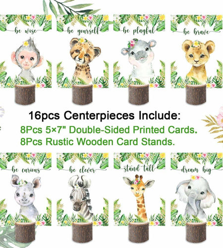 16Pcs Pink Jungle Safari Baby Shower Centerpieces with Wooden Stands