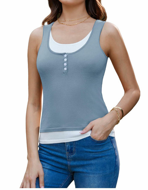 Load image into Gallery viewer, GRACE KARIN Knit Sleeveless Henley Tank Top Square Neck Sweater Vest Grey Size L
