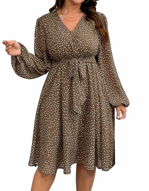 Load image into Gallery viewer, RWJ Plus Size Chiffon V Neck Swiss Dot Belt Dress Long Sleeve Coffee Size Plus
