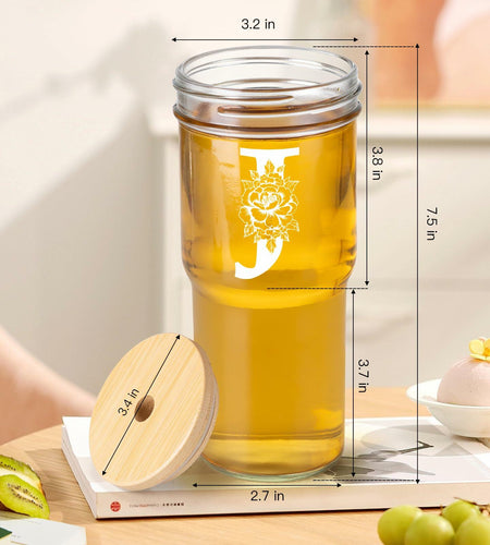 [Like New] Personalized Initial Glass Cup 24oz Tumbler w/Lid Straw Monogram Gift for Women