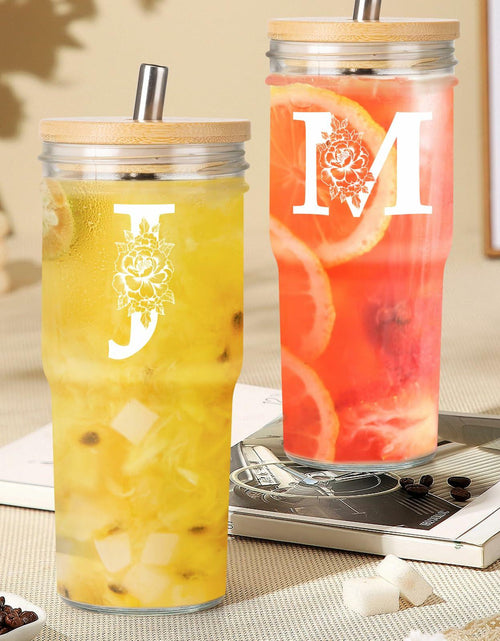 Load image into Gallery viewer, [Like New] Personalized Initial Glass Cup 24oz Tumbler w/Lid Straw Monogram Gift for Women
