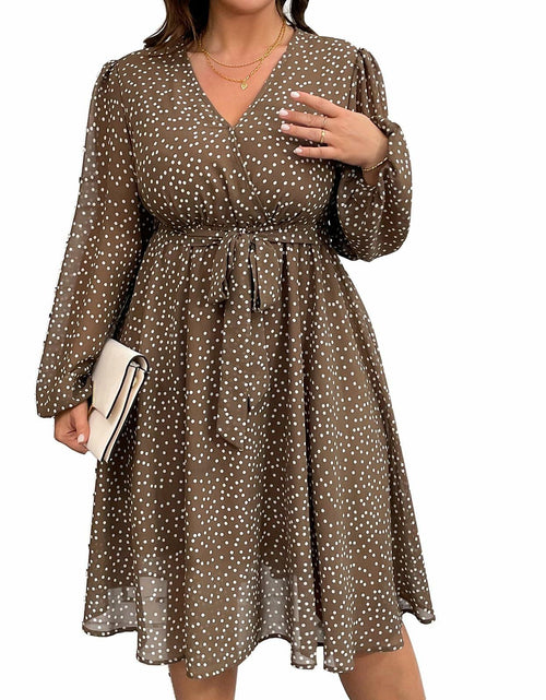 Load image into Gallery viewer, RWJ Plus Size Chiffon V Neck Swiss Dot Belt Dress Long Sleeve Coffee Size Plus
