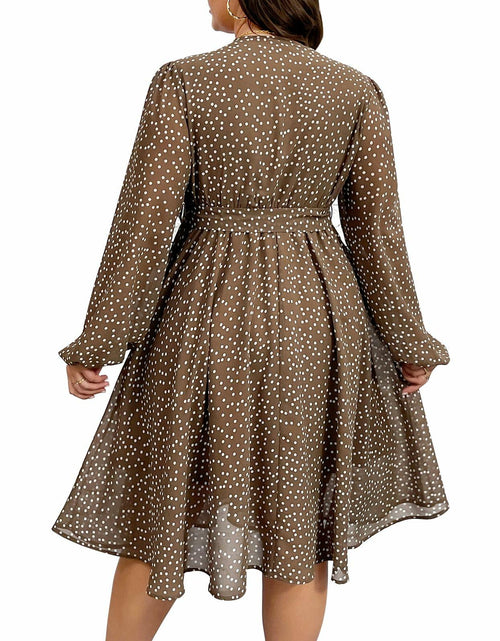 Load image into Gallery viewer, RWJ Plus Size Chiffon V Neck Swiss Dot Belt Dress Long Sleeve Coffee Size Plus
