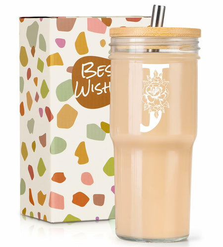 [Like New] Personalized Initial Glass Cup 24oz Tumbler w/Lid Straw Monogram Gift for Women
