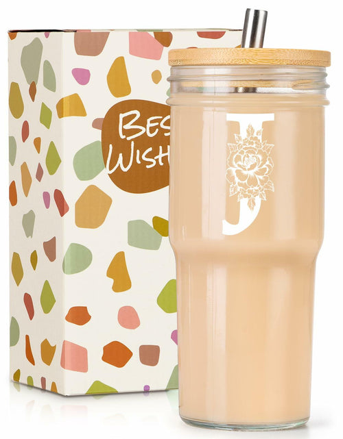Load image into Gallery viewer, [Like New] Personalized Initial Glass Cup 24oz Tumbler w/Lid Straw Monogram Gift for Women
