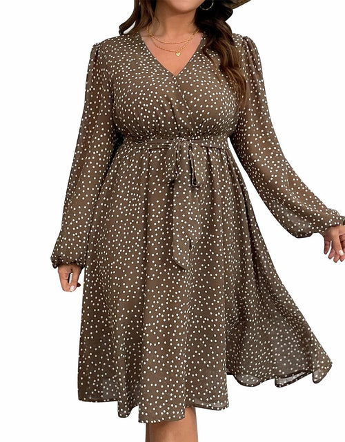 Load image into Gallery viewer, RWJ Plus Size Chiffon V Neck Swiss Dot Belt Dress Long Sleeve Coffee Size Plus
