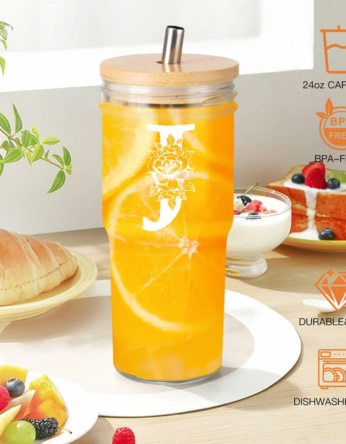 Load image into Gallery viewer, [Like New] Personalized Initial Glass Cup 24oz Tumbler w/Lid Straw Monogram Gift for Women
