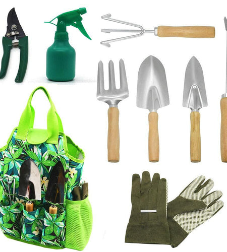 [Like New] 9-Piece Garden Tools Set with Gloves and Colorful Tote - Gardening Kit