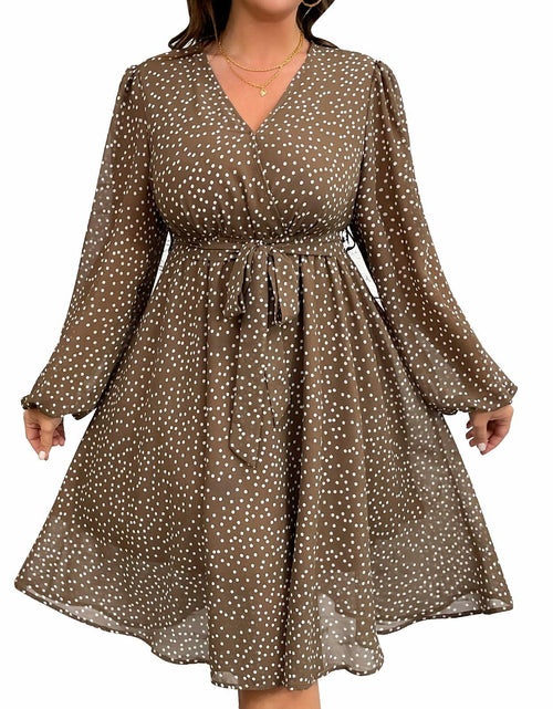 Load image into Gallery viewer, RWJ Plus Size Chiffon V Neck Swiss Dot Belt Dress Long Sleeve Coffee Size Plus
