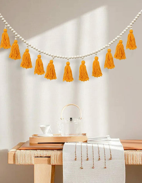 Load image into Gallery viewer, Tassels Garland Wood Bead Boho Decor Macrame Banner Yellow Nursery Baby Shower
