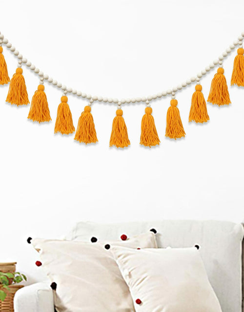Load image into Gallery viewer, Tassels Garland Wood Bead Boho Decor Macrame Banner Yellow Nursery Baby Shower
