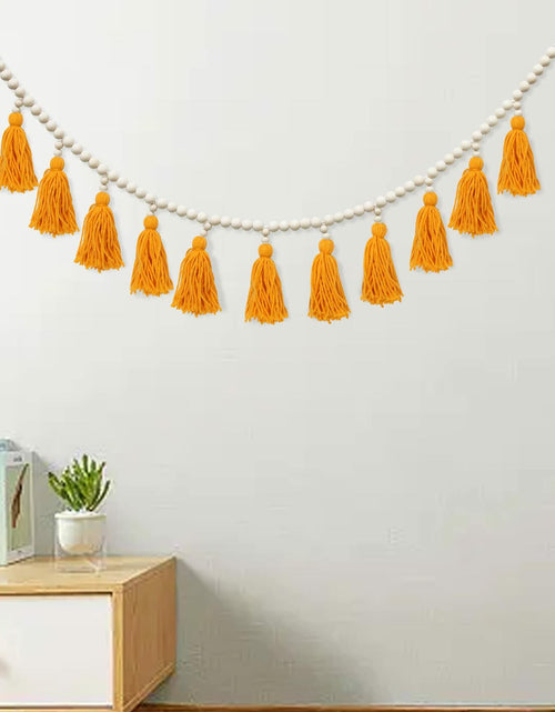 Load image into Gallery viewer, Tassels Garland Wood Bead Boho Decor Macrame Banner Yellow Nursery Baby Shower
