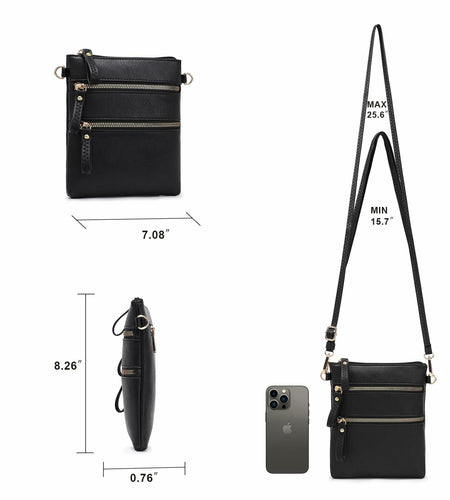 AMELIE GALANTI Small Vegan Crossbody Purse Bag Triple Zipper Black