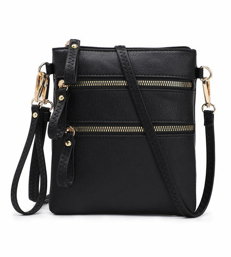 AMELIE GALANTI Small Vegan Crossbody Purse Bag Triple Zipper Black