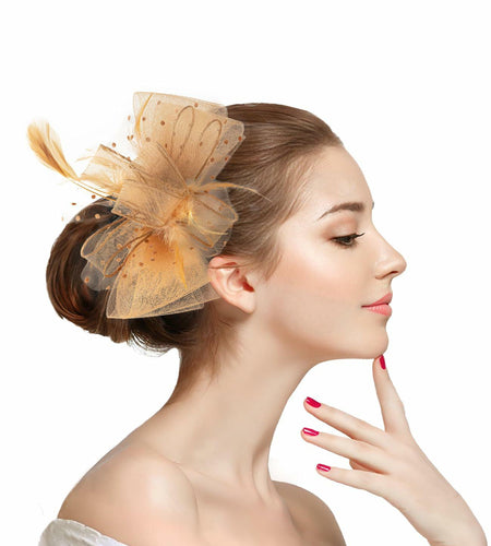 Unpifolov Fascinators Flower Mesh Feathers Headwear Dark Yellow