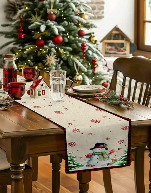 Load image into Gallery viewer, Christmas Table Runner Snowman Burlap Linen 108in Xmas Tree Snowflake Decor
