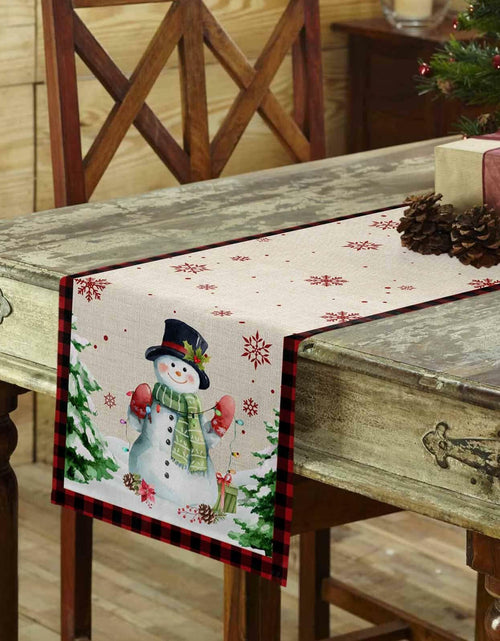 Load image into Gallery viewer, Christmas Table Runner Snowman Burlap Linen 108in Xmas Tree Snowflake Decor
