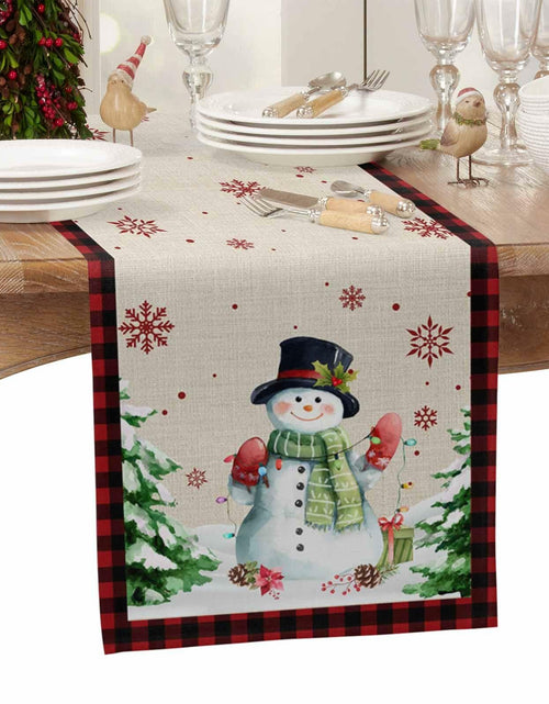 Load image into Gallery viewer, Christmas Table Runner Snowman Burlap Linen 108in Xmas Tree Snowflake Decor
